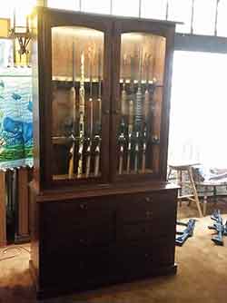 Locally Amish Custom Made Gun Cabinet Wall Unit Full View with Lights on