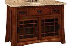 The Morgan style vanity cabinet is noted for it yellow inlay at the bottom which is standard on all of them. This one is Amish custom crafted with sliding doors.