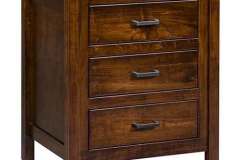 This custom Austin 3-drawer nightstand is 24" wide and 27" high. Its a fairly simple looking style that will go with many other styles in your home.
