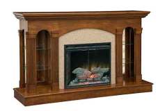 Our beautiful Amish crafted Curio fireplace features four adjustable glass shelves, LED lighting, beautiful fluted pillars and remote fireplace insert.  Shown crafted out of cherry hardwood.