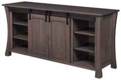 Our popular Eldorado tv stand fireplace when the sliding front barn door style doors are closed.  Shown crafted out of solid oak with our new Bel Aire grey stain.