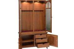 The interior of the arched double door gun cabinet feature felt lining for the butt rest, LED lighting, and the lower cabinet has a adjustable shelf and three full extension drawers behind the doors.