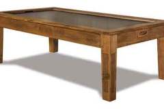The Amish made Alpine Air Hockey Table is built to withstand aggressive play.  This table features a 9" axial air pump for maximum air flow.  Shown crafted out of brown wormy maple with optional weave panel on the legs.