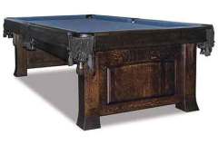 The Amish custom made Breckenridge pool table features raised panel or reverse panel ends, carved leather pockets and 100% rubber cushions.  Available in 7, 8, or 9 foot table size.