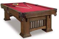 Amish custom made Classic Mission pool table shown crafted out of solid quarter sawn white oak with premium felt top covering a solid slate playing surface.