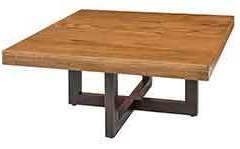 This Amish built square coffee table has a Cherry top with powder coated metal legs.