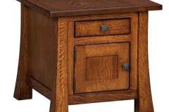 Our custom built Amish Lakewood end table with one door and one drawer is shown here. Note the mission style hardware.