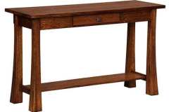 This sofa table is in the Lakewood style. It has solid wood legs and a drawer.