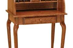 Custom Amish Queen Anne Secretary Roll Top desk. It is shown in Brown Maple wood wih numerous cubby holes and drawers.