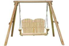 Here you have our custom made Adirondack outdoor swing on the interlocking frame. It is a 4' swing and the chains are very heavy duty to hold it up.