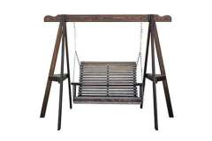 Here you are seeing our 5' Rollback swing with the Tripod Interlocking frame two-toned in Kona and Graystone stain. The finishing is a soy based finish that is long lasting.