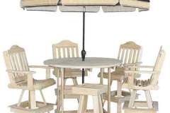 Personally, I think the umbrella that goes with this Amish crafted English Garden style pub table and chairs is worth the price. The table is 42" high and the chairs are 30" high so getting in and out of them should be easy.