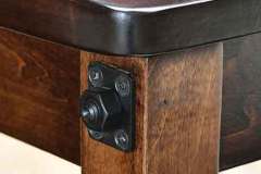 Check out the hardware for this custom Amish made table leg. The table skirt and the table leg are actually held together with a strong mortise and tenon joint. This hardware is just designed to give it an old style look.