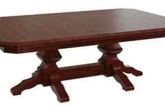 Our Kingston Amish crafted Double Pedestal table is shown here in Brown Maple wood with clipped corners and a beveled edge. The double pedestal will easily support the weight of this table even with 4 leaves in it. You have many choices of woods and stains.