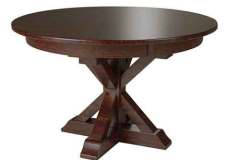 If you need a smaller round table consider this custom X-base Amish made table. You can get it as a solid top or with up to 2 leaves.