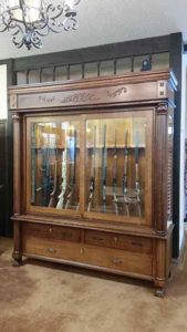 Amish custom gun cabinet Nichols large front post antique styled case.