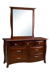Amish Custom Built Cayman 7 Drawer Dresser With Attached Beveled Mirror.