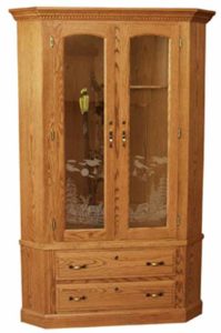 Amish crafted Corner Gun Cabinet with Dual Doors and Drawers