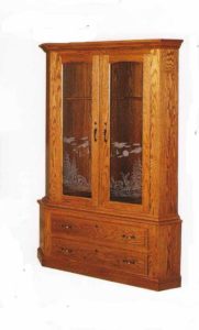 Amish Crafted Corner Gun Cabinet with Etched Glass and Two Drawers