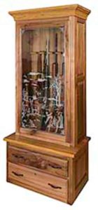 Rustic Hickory Single Door Gun Cabinet with Etched Glass Front Door Closed