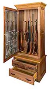 Rustic Hickory Single Door Gun Cabinet with Etched Glass Front Door Open