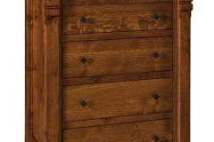 1/4 Sawn Oak wood shows off this chest. It has mission style knobs and Michael's Cherry stain.