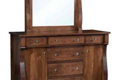 Amish crafted Riviera mule dresser with matching mirror crafted out of brown maple.  Dresser crafted with two doors with adjustable shelving and six full extension drawers.