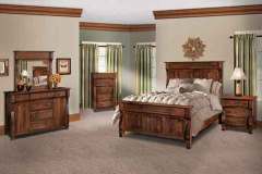 Our complete Riviera bedroom set crafted out of solid brown maple.  Shown is our Queen Riviera headboard and footboard, three drawer nightstand, five drawer chest, and six drawer/two door mule chest.