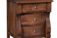 Amish crafted Riviera nightstand crafted out of solid brown maple hardwood and finished with nickel hardware.  Crafted with three full extension dovetailed drawers.