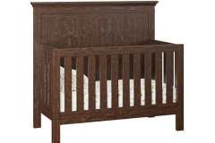 Amish custom crafted Haven crib shown here in Brown Maple wood with the Rich Tobacco stain. Crafted with a solid wood backboard and slatted front panel.