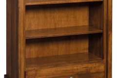 The Tannessah bookcase has 2 adjustable shelves and a drawer at the bottom. It is 38" wide and 48" high. It should fit well in your child's room.