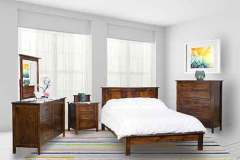 The Austin Youth Collection is seen here. It consists of a bed, chest, dresser, mirror, and a nightstand. It is shown here in Brown Maple wood.