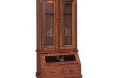 This gun cabinet is crafted with double upper display doors, pistol display area in the lower cabinet, two full extension drawers fancy upper and lower molding, and rope molding columns.