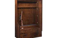The interior of our hall seat gun cabinet is crafted to safely and securely.  The interior butt and barrel rests can be lined with felt or premium leather and interior lighting can also be installed.