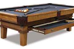 Amish custom crafted Monroe pool table crafted out of solid quarter sawn white oak.  The Monroe features a lower drawer that provides storage for all of your pool table accessories.