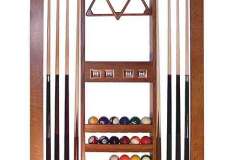 Amish Made Quarter Sawn White Oak Wall rack for all of your pool table accessories including cues, racks, calls, and chalk. Includes built in scoring.