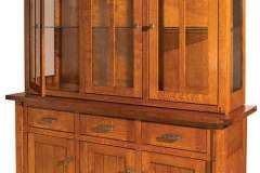 Closed style Brunswick 3 door/3drawer hutch has ample storage space in both top and bottom with glass end panels, glass doors, and touch lighting.