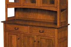 Open design Granny Mission hutch is custom Amish made and is shown with glass end panels and doors on the top and framed flat panel doors and end panels on the bottom.