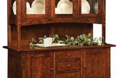 The "open" style Hammond custom Amish hutch has glass end panels, Mission crown molding, glass door, lights, and ample storage in the bottom.