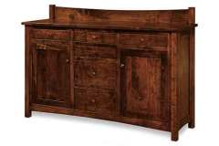 Mission style Heidi buffet that is custom built by the Amish is shown with a backsplash, and arched base, 6 drawers and 2 doors.