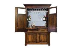 This Imperial Wine Cabinet is custom designed and Amish made. It has a full width open top with a mirrored back and lights. Wine glass and bottle storage are included as well.