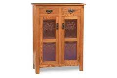 Mission style Amish flush inset 2 door and 2 drawer pie safe with copper wheat panel inserts.