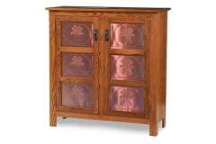 Sheaf of Wheat copper inserts highlight this Amish custom designed 2 door pie safe in the Shaker style with square legs.