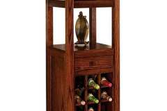 A lot of storage in a smaller cabinet that is custom Amish built and holds glasses and wine bottles.