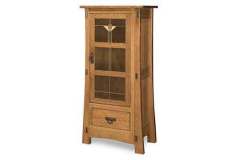 Amish made Modesto cabinet with leaded glass door, mission style hardware, quarter sawn Oak wood and a tapered look.