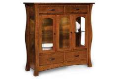 Amish Custom Made York High Buffet handcrafted out of solid quarter sawn white oak Color.  Featuring flush mount, full extension dovetailed drawers and flush mount glass front doors with shaker mission arch.  LED lighting can be added with touch hinge power on and off.