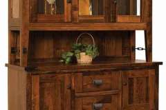 Bridgeton hutch in rough sawn Brown Maple wood is seen here. The added highlight is the turn buckles on the legs both top and bottom.