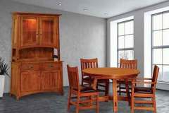 This is our Colbran room setting with a table, chairs, and a hutch.