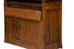 Shown in the closed position. The Grant Frontier diner's cabinet island made with Quarter Sawn Oak wood.