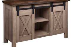 Two tone stained custom Amish made Xavier sideboard with sliding barn doors.